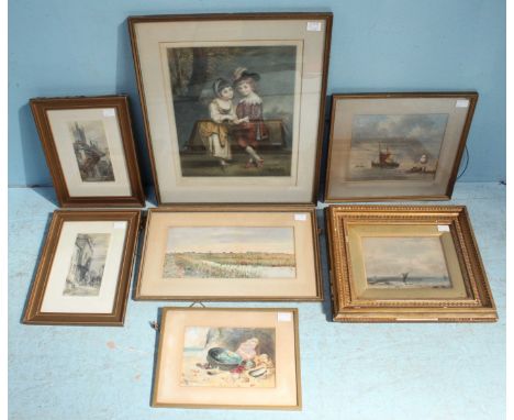 A collection of seven assorted watercolour studies and prints including a 19th century shoreline scene and a seascape study w