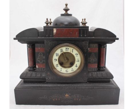 A 19th century slate and marble mantel clock, the white enamel dial with Arabic numerals denoting hours and flanked by two co