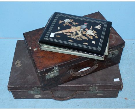 A vintage brown leather suitcase and wood-lined brown leather case together with a Japanese lacquer photograph album (af)