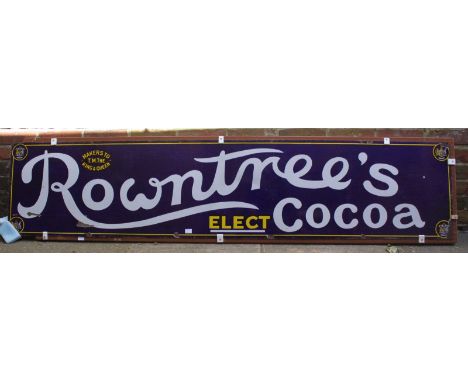 A large enamel advertising sign for 'Rowntree's Cocoa' with white lettering to a blue ground. 46 x 214cm.