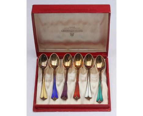 A boxed set of six guilloche enamel silver-gilt coffee spoons by David Andersen, Norway