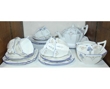 SECTION 25.  A Shelley 'Blue Iris' pattern Queen Anne shape tea set, comprising teapot, sandwich plate, milk jug, sugar bowl,