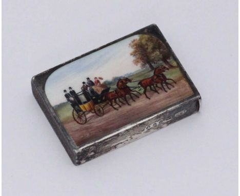 A Victorian silver and enamel vesta case by Sampson Mordan & Co. of rectangular form, the top decorated with an enamelled coa