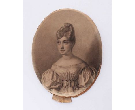 An early 19th Century half-length oval portrait of a young lady wearing her hair tied-up and satin gown with puffed sleeves a