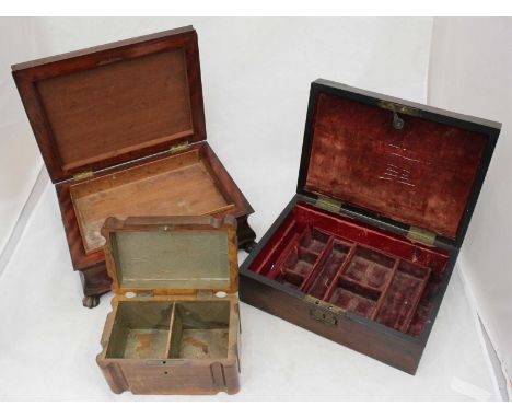 An olive wood tea caddy, the top marked 'Jerusalem', together with a mahogany sarcophagus work box and a ladies mahogany work