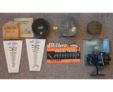 A vintage Hardy 'The Silex Major' 3.5" casting reel, together with three other reels, cards of vintage rod rings etcetera