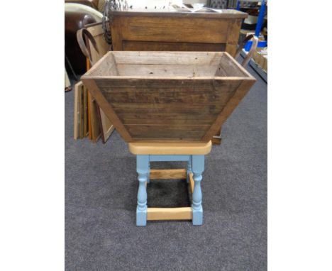 A pine kitchen stool together with a wooden metal handled caddy  