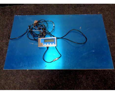 A set of stainless steel commercial flatbed digital scales (as found)  