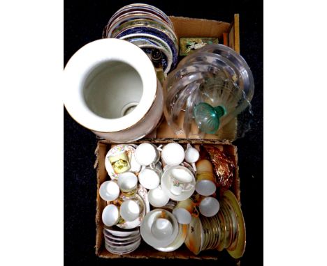 Two boxes containing assorted ceramics to include English and Czechoslovakian tea china, carnival glass bowl, plates, contemp