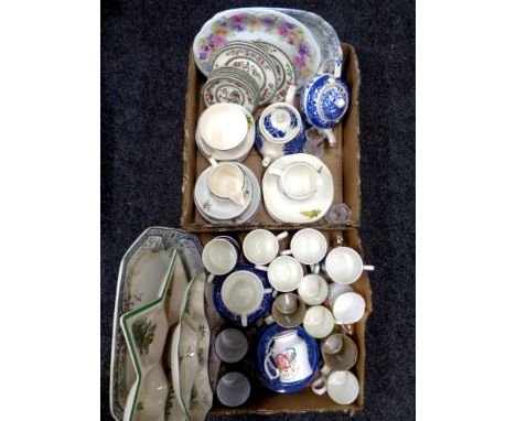 Two boxes of assorted china and ceramics to include cranberry glass comport, Spode dishes, blue and white tea ware, tea plate