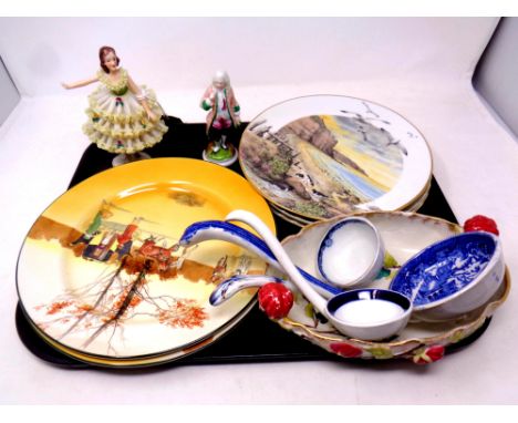 A tray containing a quantity of collector's plates, Dresden porcelain figure of a ballerina, willow pattern soup ladle etc 