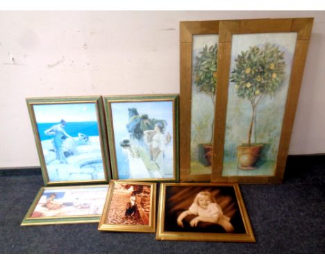A large quantity of assorted framed prints, portrait studies, orange and lemon tree etc  