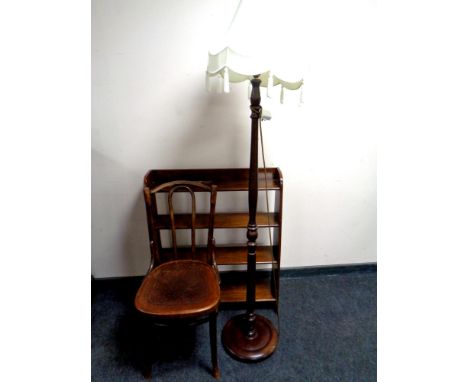 A Bentwood dining chair, stained beech wood standard lamp and a set of open shelves 