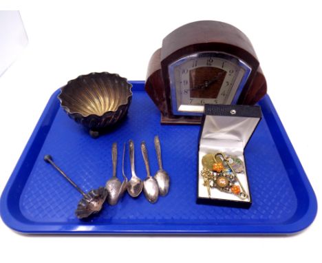 A tray containing plated bowl, tea strainer and spoons, small quantity of costume jewellery together with an oak cased Art De