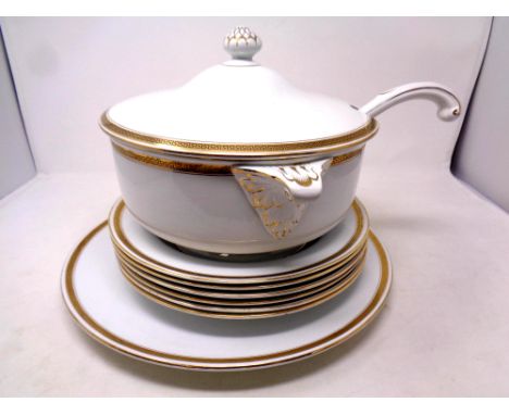 A Minton Grecian Key soup tureen with ladle together with seven dinner plates 