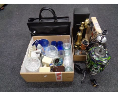 Two boxes of glass ware, Tiffany style lamp, contemporary telephones, books, Bugatti briefcase 