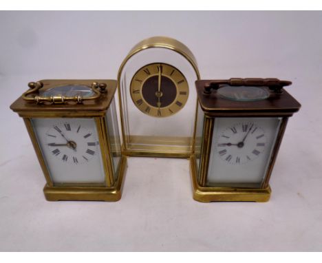 Two brass cased carriage clocks (one as found) together with a further Westclox battery operated mantel clock  