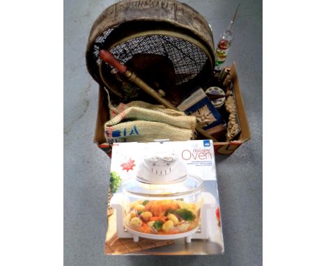 A box containing vintage soil sieves, Hessian coffee bags, brass rose sprayer, glass thermometer, together with a boxed JML h