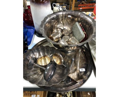 A quantity of plated wares to include circular serving tray, punch bowl with ladle and goblets, dish etc  