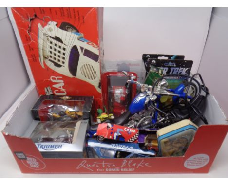 A box containing assorted plastic and die cast vehicles, vintage tin, Star Trek ships, together with an Airfix Data car 