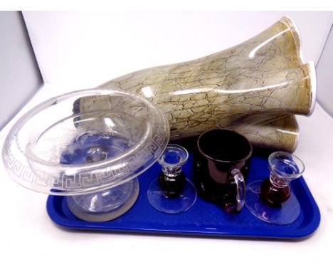 A Whitefriars ruby and clear glass tankard with pair of candlesticks, an antique etched glass comport, together with a handke