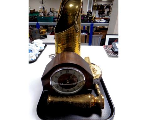 A tray containing 20th century oak cased mantel clock, eastern brass vase, brass bellows and coal receiver  