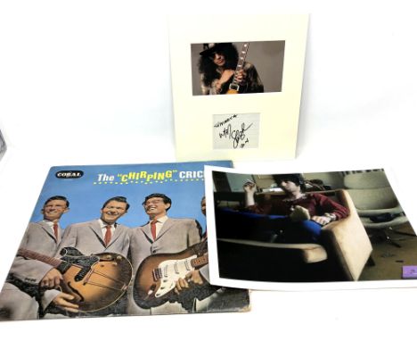 Slash from Guns 'n' Roses autograph, Keith Richards relaxing (The Hayward Archive print), vintage 1957 Buddy Holly's debut LP