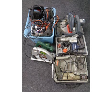 A large quantity of electrical power tools to include Performance chop saw, JMB hand saw, drills, planers etc  