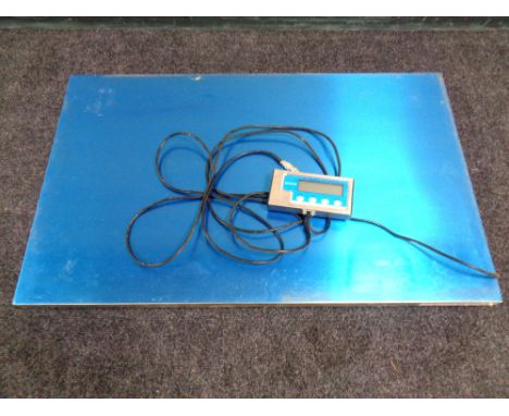 A set of stainless steel commercial flatbed digital scales (as found)  