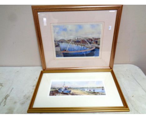 A Ray Batawill print, fishing boats at low tide, together with a Macdonald signed print, The Millennium Bridge 