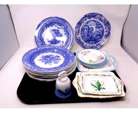 A tray containing Bing and Grondahl porcelain hand bell, Royal Paragon hand painted plates decorated with budgerigars, other 