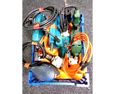 A basket containing power tools to include drills, jigsaws and sander by Black and Decker and Bosch 
