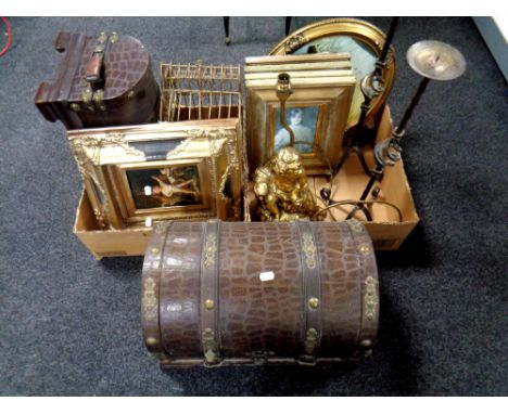 Two boxes containing contemporary gilt framed prints, pair of metal candle holders, cherub table lamp, metal bird cage, toget