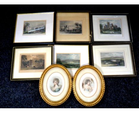 A box containing six colour etchings, scenes of Newcastle, Cornwall etc, together with a pair of gilt framed portrait studies