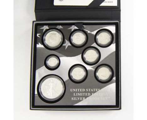 San Francisco Mint. Collection includes Roosevelt Dime, Kennedy Half-Dollar, American Eagle 1 oz Silver Proof Coin, and 5 Was