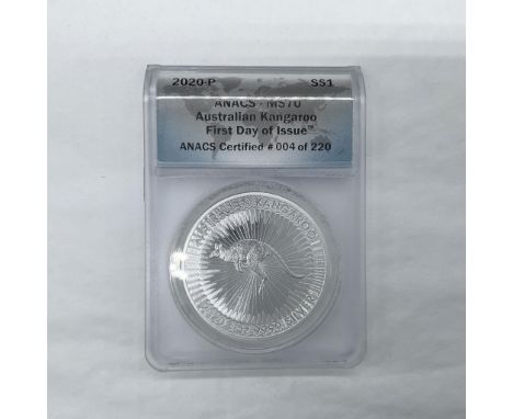 Slabbed MS70. First Day Of Issue. Certified number 4 of 220. Perth Mint. The obverse side depicts the sixth-generation effigy