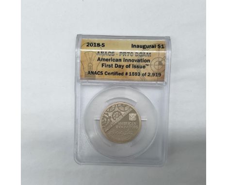 San Francisco Mint. Slabbed PR70 DCAM. First Day Of Issue. Inaugural $1. Certified number 1593 of 2919. The obverse side feat