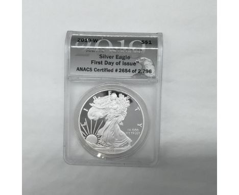 Slabbed PR70 DCAM. West Point Mint. First Day Of Issue. Certified number 2654 of 2796. The obverse side depicts Liberty in fu