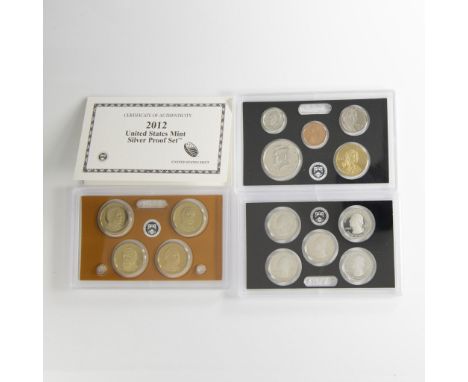 A collection of 14 coins from 2012 San Francisco Mint. 5 America the Beautiful Quarters, 4 Presidential Dollar Coins, 1 Nativ