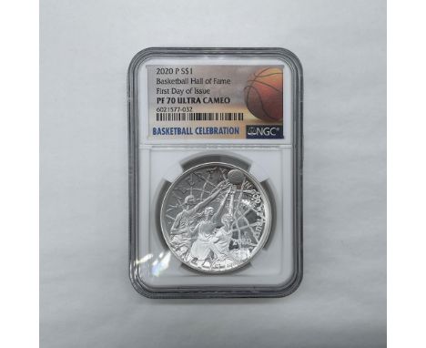 NGC Graded and Slabbed PF70 Ultra Cameo. First Day Of Issue. Philadelphia Mint. The obverse side shows three players in an in