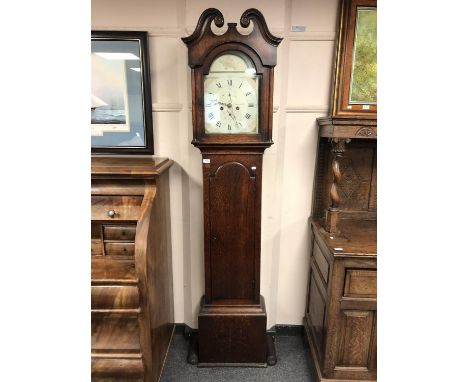 A George III oak eight day longcase clock with painted dial signed John Brown, Aberdeen, with two weights and pendulum, heigh