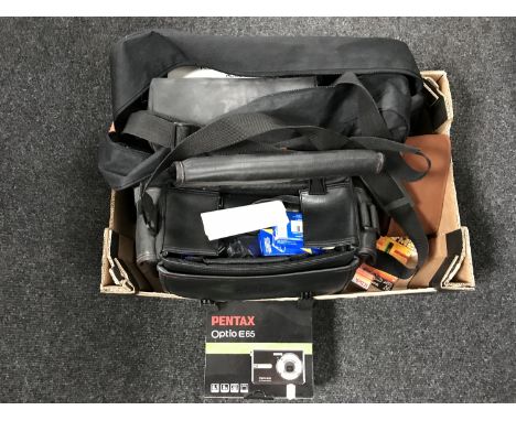 A box of Panasonic video camera with accessories in bag, Polaroid camera, Pentax digital camera, Kodak folding camera etc 