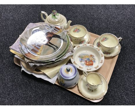 A tray of seven piece Crown Stafford tea for two, collector's plates with certificates, Poole preserve pot, Royal Doulton bun