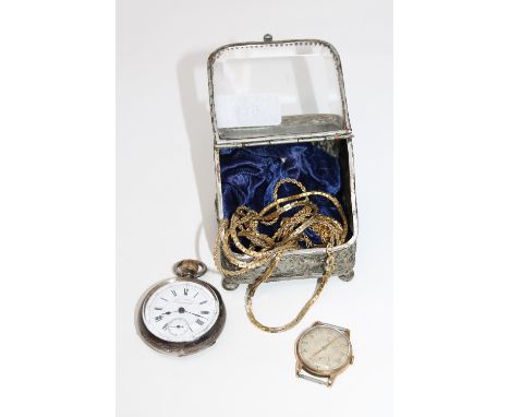 A small jewellery box containing gold plated chains, silver pocket watch signed Anglo American Chronograph, together with a v