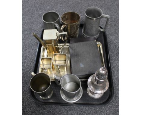 A tray of plated and pewter tankards, silver plated sugar sifter, part cased cutlery, three piece plated Art Deco tea service