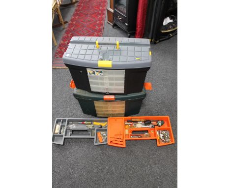 Two plastic tool boxes containing hand tools and hardware 