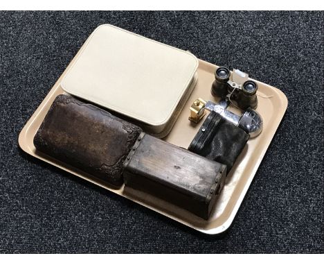 A tray of mid 20th century dressing table set, two wooden trinket boxes, two pairs of antique opera glasses etc 