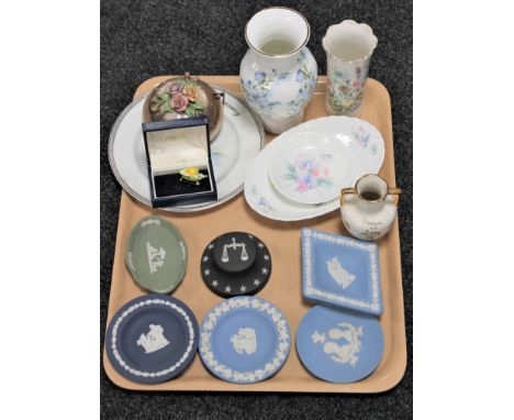 A tray of assorted china : Wedgwood Jasperware including the Wedgwood Society Collector's scales of justice paperweight, Ayns
