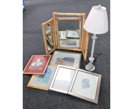 A bamboo and wicker dressing table mirror, table lamp with shade and five assorted framed prints 