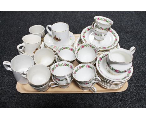 A tray of five commemorative mugs, part china tea service, thirty-seven piece pink rose china tea service 